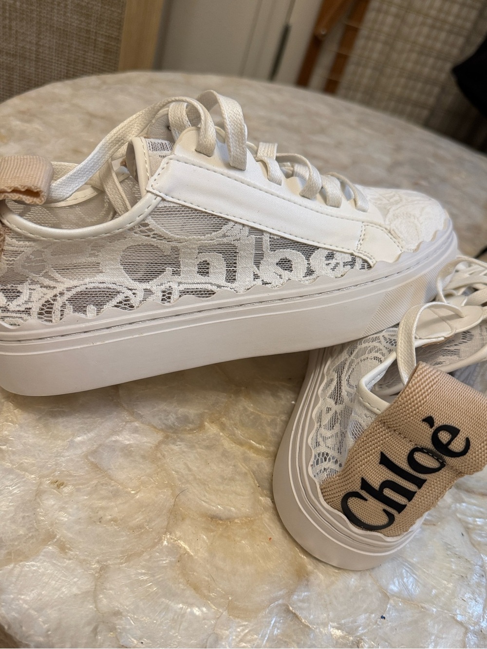 Chloé White Lace Platform Sneakers with Beige Logo Heel Tab